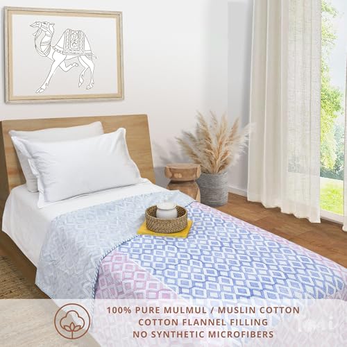 Image of TOAIArt Premium Jaipuri Dohar | AC Blanket Summer Quilt | Hand Block Printed | 3 Layers | Reversible| 150GSM 100% Mulmul Cotton| 100% Cotton Flannel Filling| Single 60 inch X 90 inch|Vintage Geometric Pattern