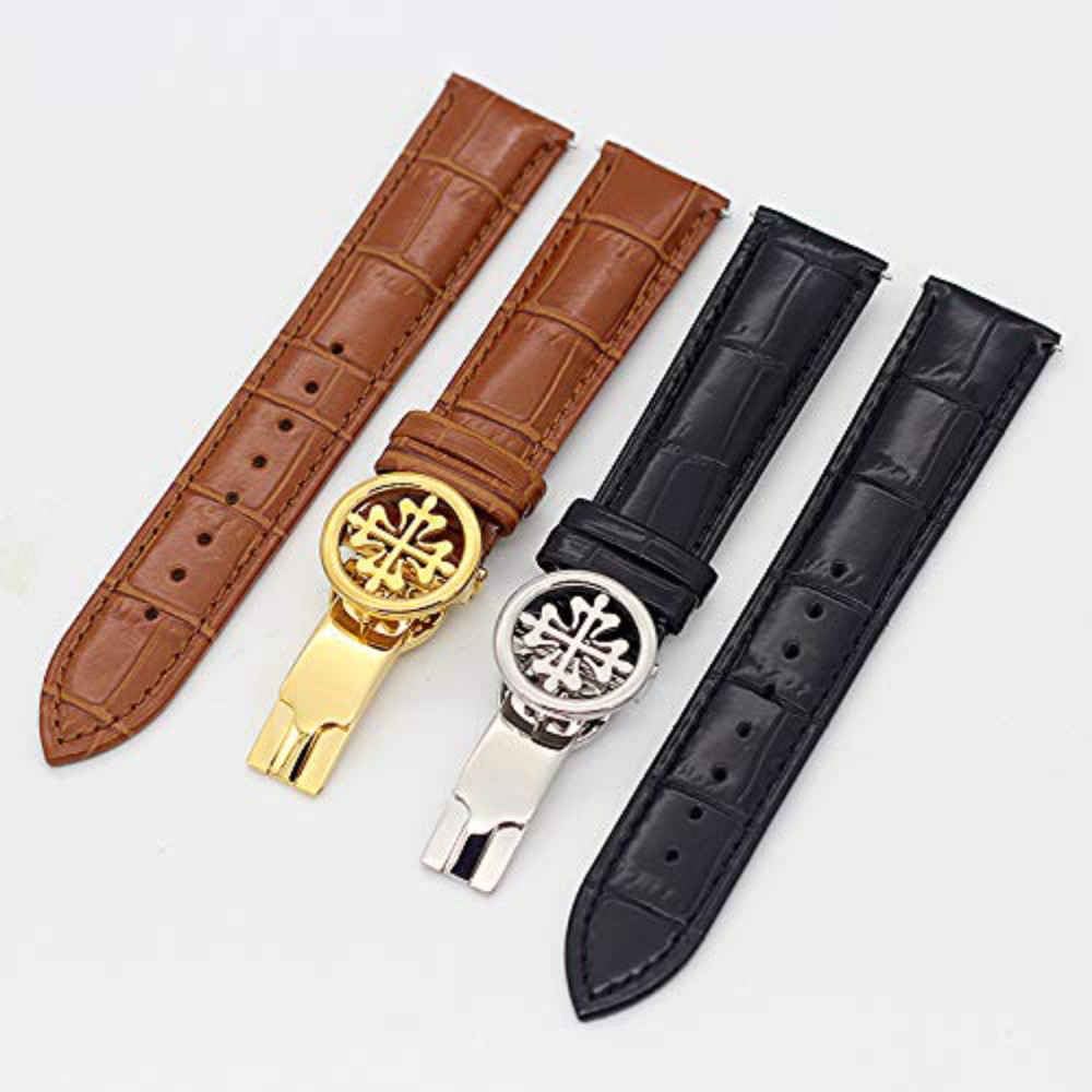 Cinturino per Orologio in Vera Pelle 19MM 20MM 22MM Cinturini per Cinturini Wath con Chiusura deployante in Acciaio Inossidabile Uomo Donna,Black Silver clasp-20mm