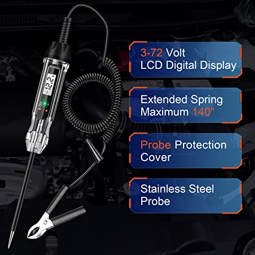 Premium 3-72V Backlight Digital Lcd Auto Circuit Tester, Automotive Test Light With 140" Extended Wire And Polarity Indicate Led Light, Car Truck Low Dc Voltage Light Tester With Sharp Stainless Probe #TOP1