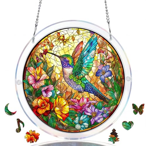 WOODBESTS Acrylic Jigsaw Puzzle Suncatcher 83 Pieces-Hummingbird Flowers DIY Acrylic Puzzle Sun Catcher Window&Garden Decor Unique Gifts for Mom Women Wife Sisters Aunt Besties 8.2in