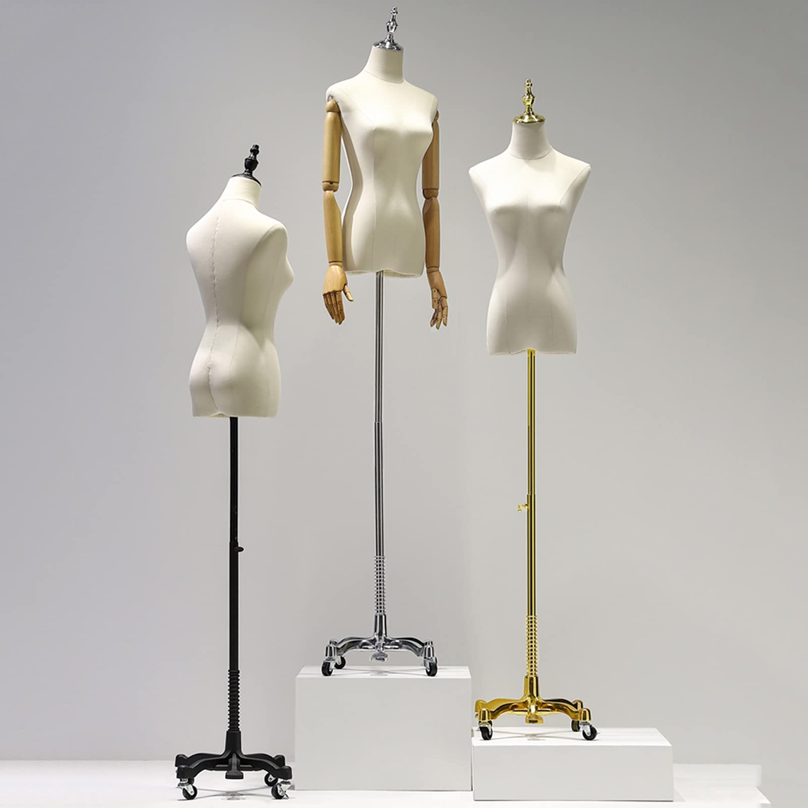 Female Mannequin Torso Body, Dummy Model with Wooden Arms, Linen Cover Dress Form for Clothing Store Display, Universal Casters Base, 2 Colors