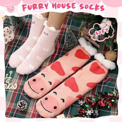 Image of Liitrsh 2 Pairs Fuzzy Slipper Socks with Grippers Animal Sock Sherpa Lining Warm Plush Animal Lover Gift for Valentine's Day