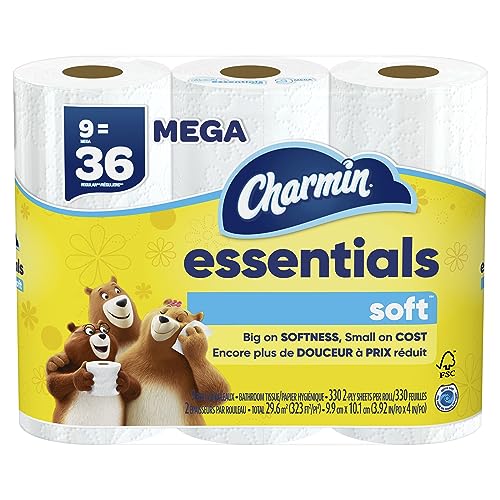 Charmin Essentials Soft Toilet Paper, 9 Mega Rolls = 36 Regular Rolls