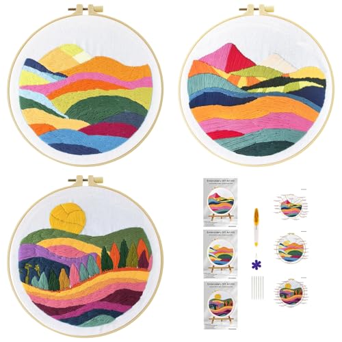 51buyoutgo 3pcs Kit Ricamo Principianti Paesaggio Montano, Embroidery Kit Schemi Set Ricamo Starter Mezzo Punto Croce Kit Ricamare Mezzopunto Mano Stampato Bambini