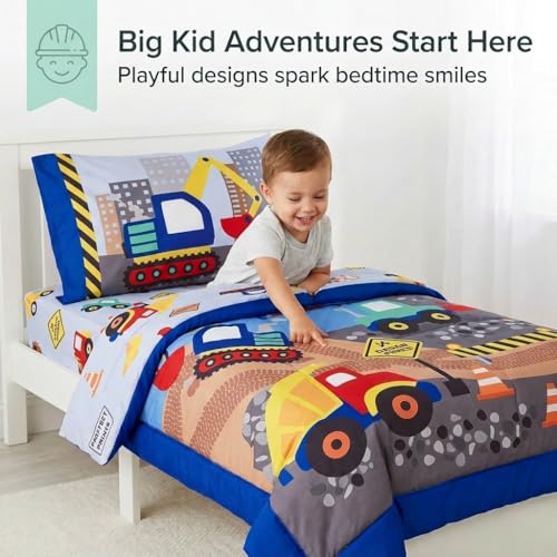 Image of EVERYDAY KIDS 4 Piece Toddler Bedding Set - Under Construction - Includes Comforter, Flat Sheet, Fitted Sheet and Reversible Pillowcase