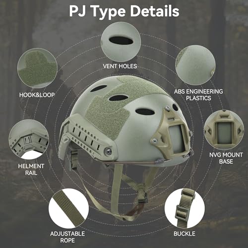 Airsoft Helmet, Fast PJ Type Tactical Paintball Helmet with Helmet Cover & Buffer Pads for Airsoft Paintball Cosplay Military Training Gift Green Medium