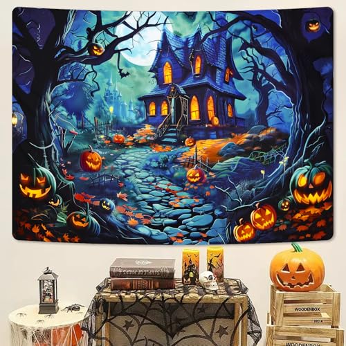 Uspring Halloween Tapestry Pumpkin Wall Tapestry Horror Forest Tapestries Moon Night Castle Wall Art Bat Skull Tapestry Wall Hanging For Halloween Decorations Indoor thumb #3