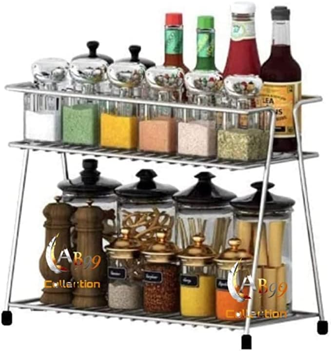 Cri8Hub Stainless-Steel Kitchen Rack, Kitchen Organizer,Counter top Kitchen 2-Layer Corner Storage Rack for Kitchen Rack, 2 Tier Rack (Silver, 1 Pc)(33 * 15 * 26) cm, Tiered Shelf