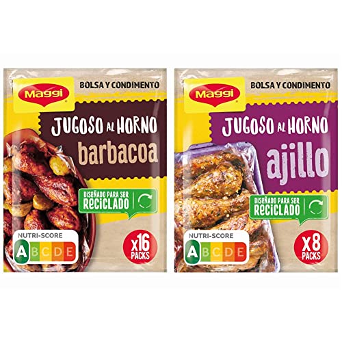 Maggi Jugoso al Horno a la Barbacoa - 1 Bolsa para Horno con Condimentos - Paquete de 16x30g - Total: 480g & Jugoso al Horno Pollo al Ajillo - Pack de 8 x 36 g