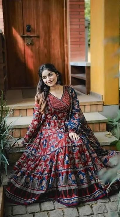 Women's Anarkali Block Indigo Printed Cotton Kurta & Pant with Dupatta Set