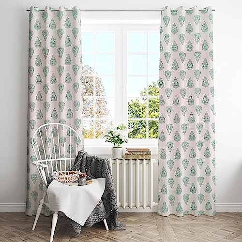 Image of HOMEMONDE Long Door Cotton Curtains 9 Feet for Home Decor - Leaf Print Aqua Green (3.7ft x 9ft) Set of 2