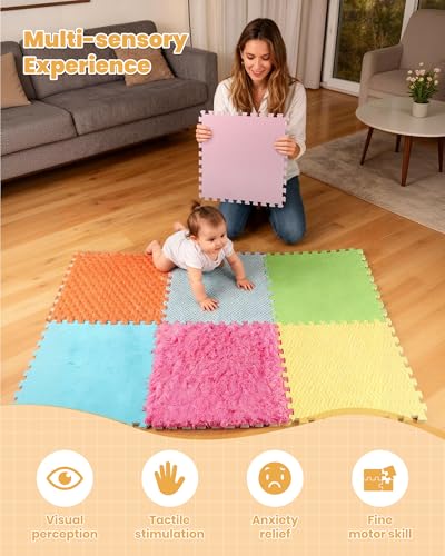 Image of 12 Set Sensory Tiles - Floor Textured Sensory Mats, Interlocking Sensory Rug Sensory Toys for Autistic Children Kids Baby Toddler, Tactile Play and Fidgeting Activity for Autism Sensory Room