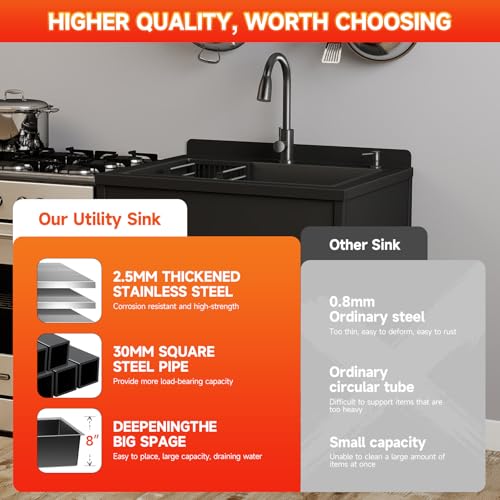 Image of Stainless Steel Utility Sink, 33.5 inch x 22 inch x 36.6 inchFreestanding Sink with Cold and Hot Water Faucet,Hoses and Drain Kit for Kitchens, Bathrooms, Garage, Laundry Room