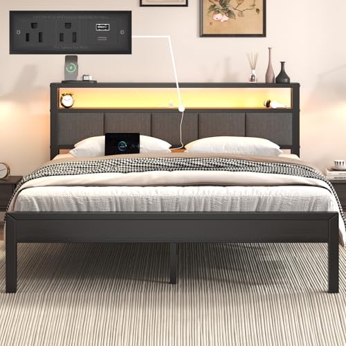 Image of E-Motie Queen Size Bed Frame with LED Lights and Charging Station, Wood Storage Headboard with 2-Tier Shelves, Heavy Duty Metal Slats, No Box Spring Need, Noise Free, Easy Assembly, Light Grey