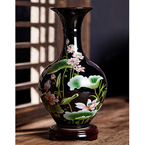 Meightai 9.45'' China Style Decorative Vase, Classic Ceramic Vases For Art Home Decoration, Chinese Retro Porcelain Ceramic Vase With Base, Beauty Lotus Flower Painting, Black #TOP1