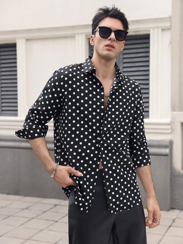 WDIRARA Men's Polka Dots Button Front Long Sleeve Collar Shirt Casual Tops4