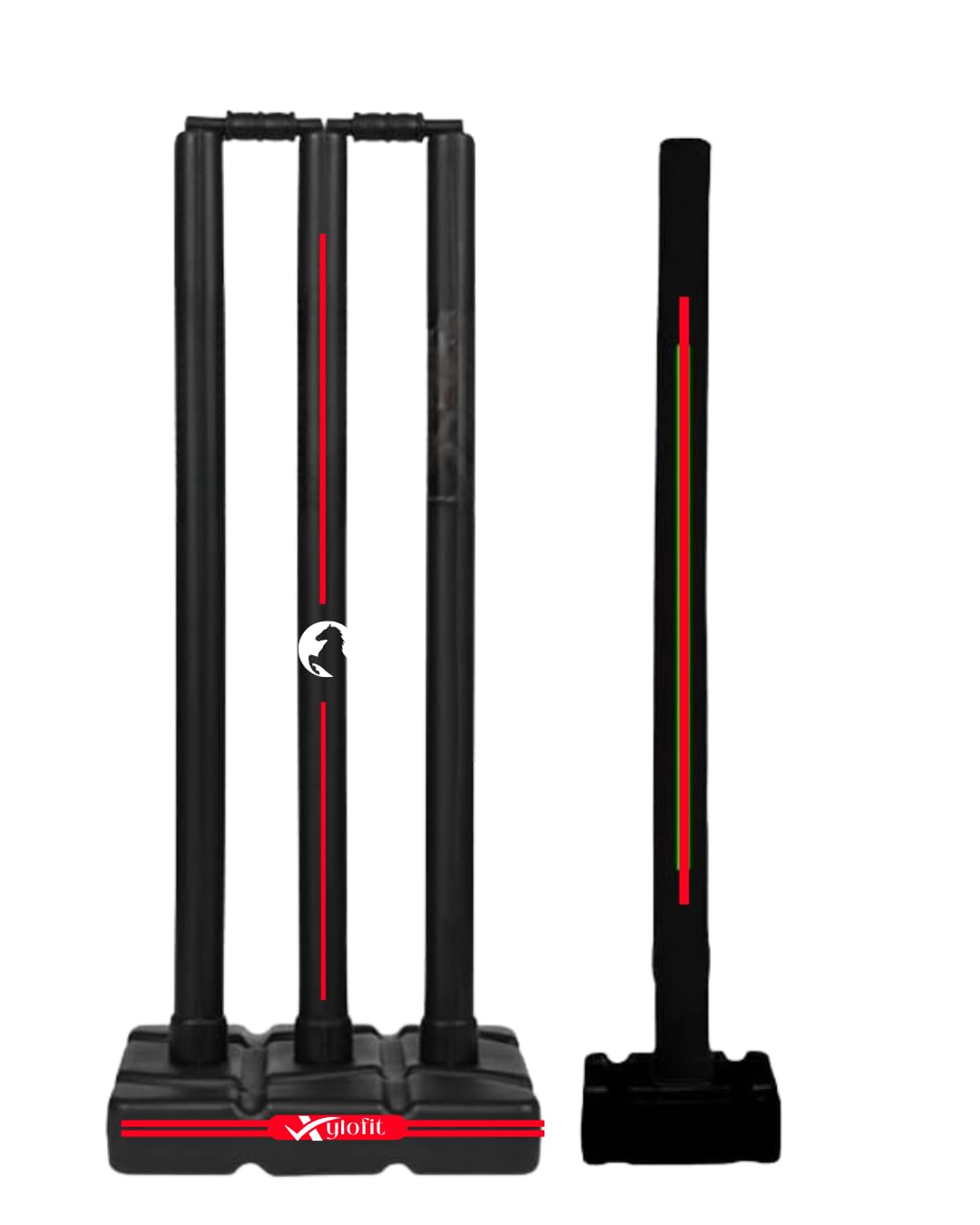 Cricket Stumps | PVC Wickets Set | 4 Stumps + 2 Bails + 2 Stands | Full Size Wickets for Cricket Ground, Tournament Wicket | Stumps for Playing | Black/Red-image-0