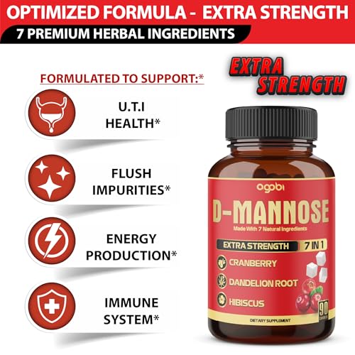 Image of agobi D-Mannose Capsules - 7 Herbs with Cranberry, Dandelion, Hibiscus and More - Support Flush Impurities and Urinary Tract Health - 90 Vegan Capsules 3-Month Supply