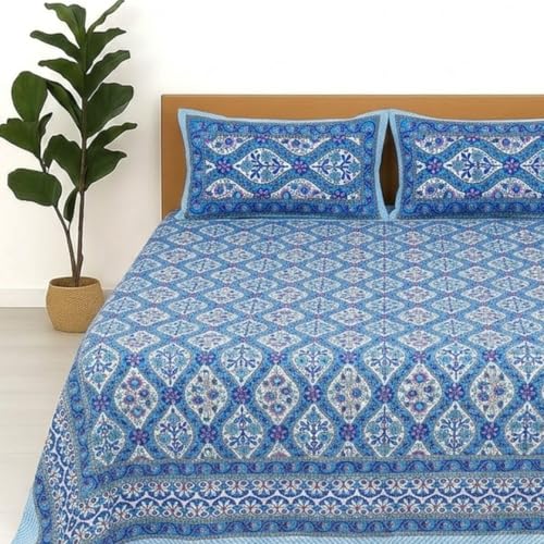 Image of Jaipur Weaves Jaipuri Double Bed Cotton Bedsheet Queen Size 90x85, 120 TC 100% Pure Cotton Bed Sheet with 2 Pillow Covers, Floral Traditional Print (Blue Jaal, Double)
