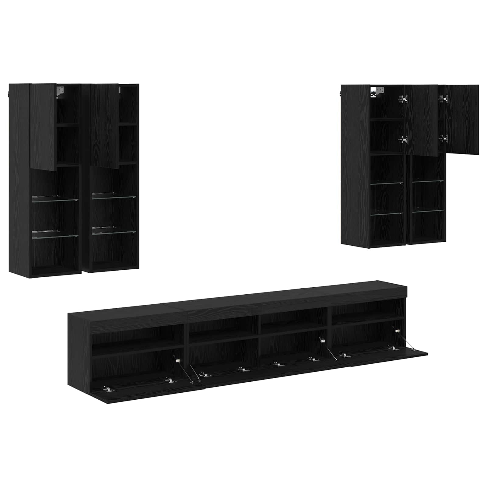 Juego de 7 armarios para TV con luces LED, aspecto de roble negro, 100 x 30 x 40 cm, diseño moderno para sala de estar, dormitorio