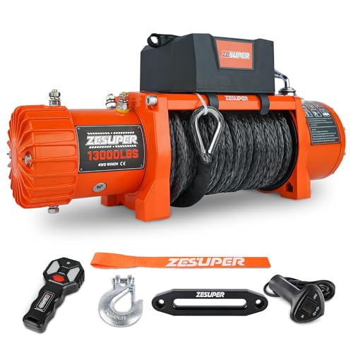 ZESUPER 12V 13000 lb Load Capacity Electric Winch Kit with Synthetic Rope, Wireless Remote and Corded Control,Waterproof IP68 Off Road Winch for Jeep,Truck,SUV