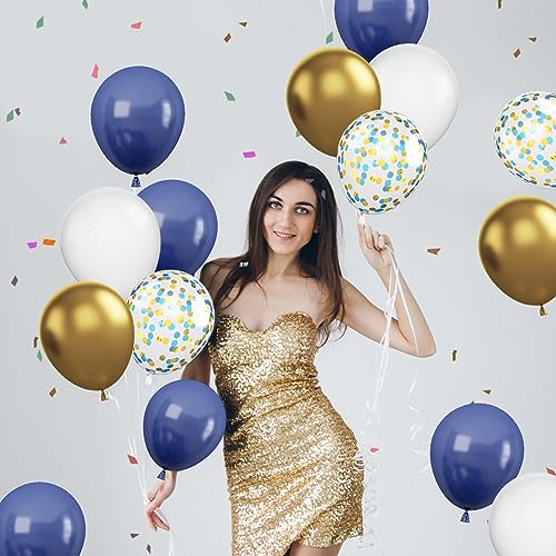 Image of Navy Blue and Gold Balloons, 60Pcs Night Blue Gold Balloons, 12 Inch Metallic Gold Blue Confetti Balloons White Latex Balloons for Boys Birthday Baby Shower Wedding Graduation Party Decorations