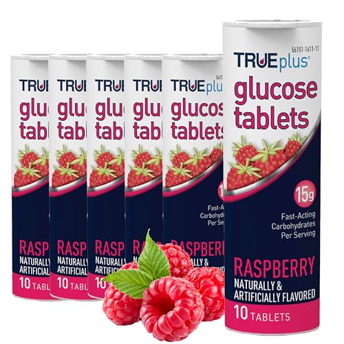TRUEplus Glucose Tablets Chewable Raspberry Flavor 15g Fast-Acting Carbohydrates Fat Free Gluten Free Boost Energy 10 Count 6 Tubes