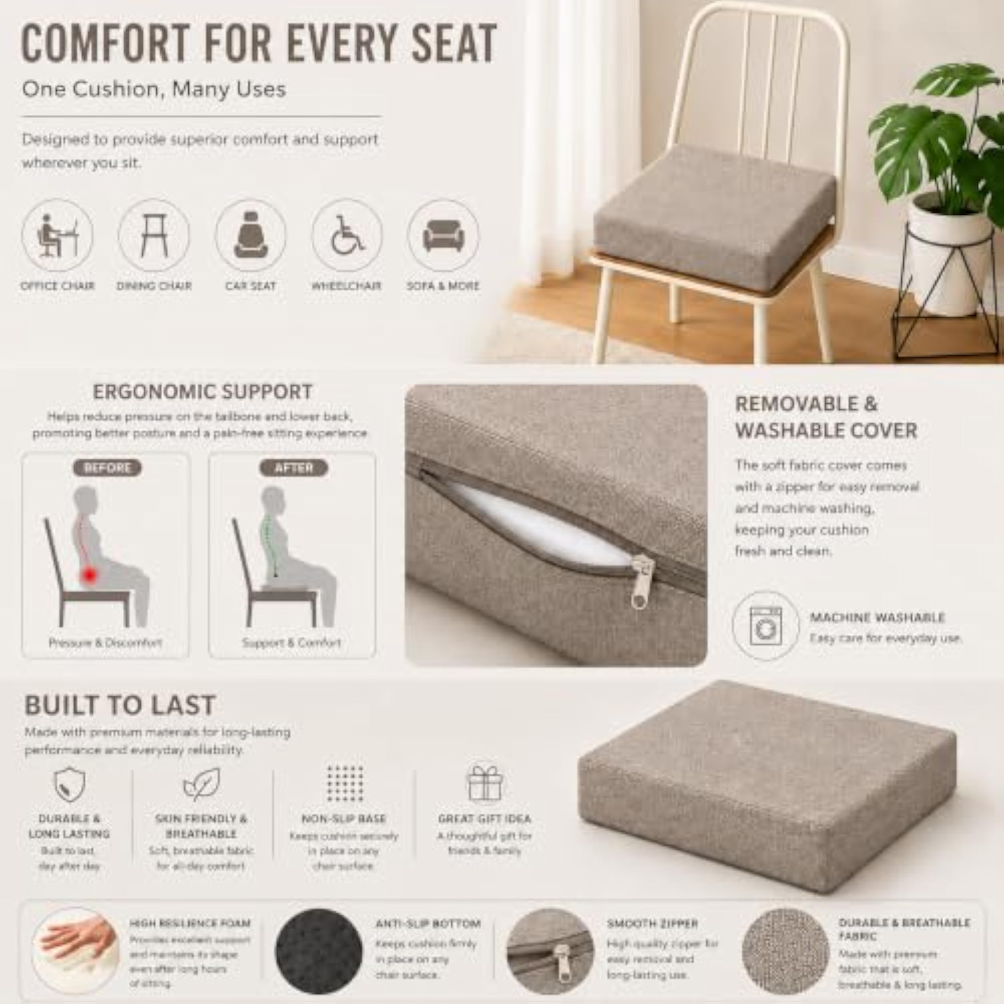 High Density Sponge Chair Pad, Comfortable & Washable