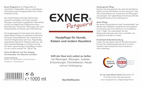 Exner Petguard Fellpflege für Hunde, Katzen & andere Haustiere - Mittel bei Juckreiz, Haarausfall, Entzündung, Parasiten, Räude, Milben & Pilzbefall - biologisch & natürlich - 1 Liter Nachfüllflasche