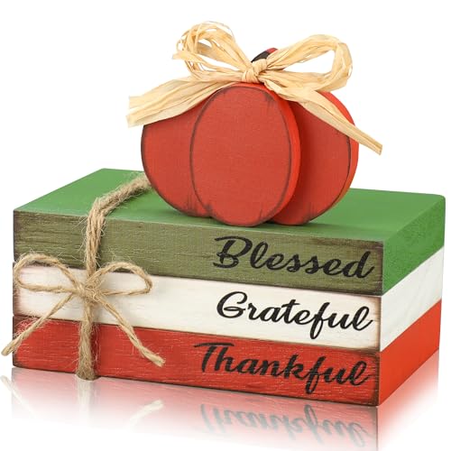 Fall Pumpkin Wood Book Stack Thanksgiving Wooden Tiered Tray Decor