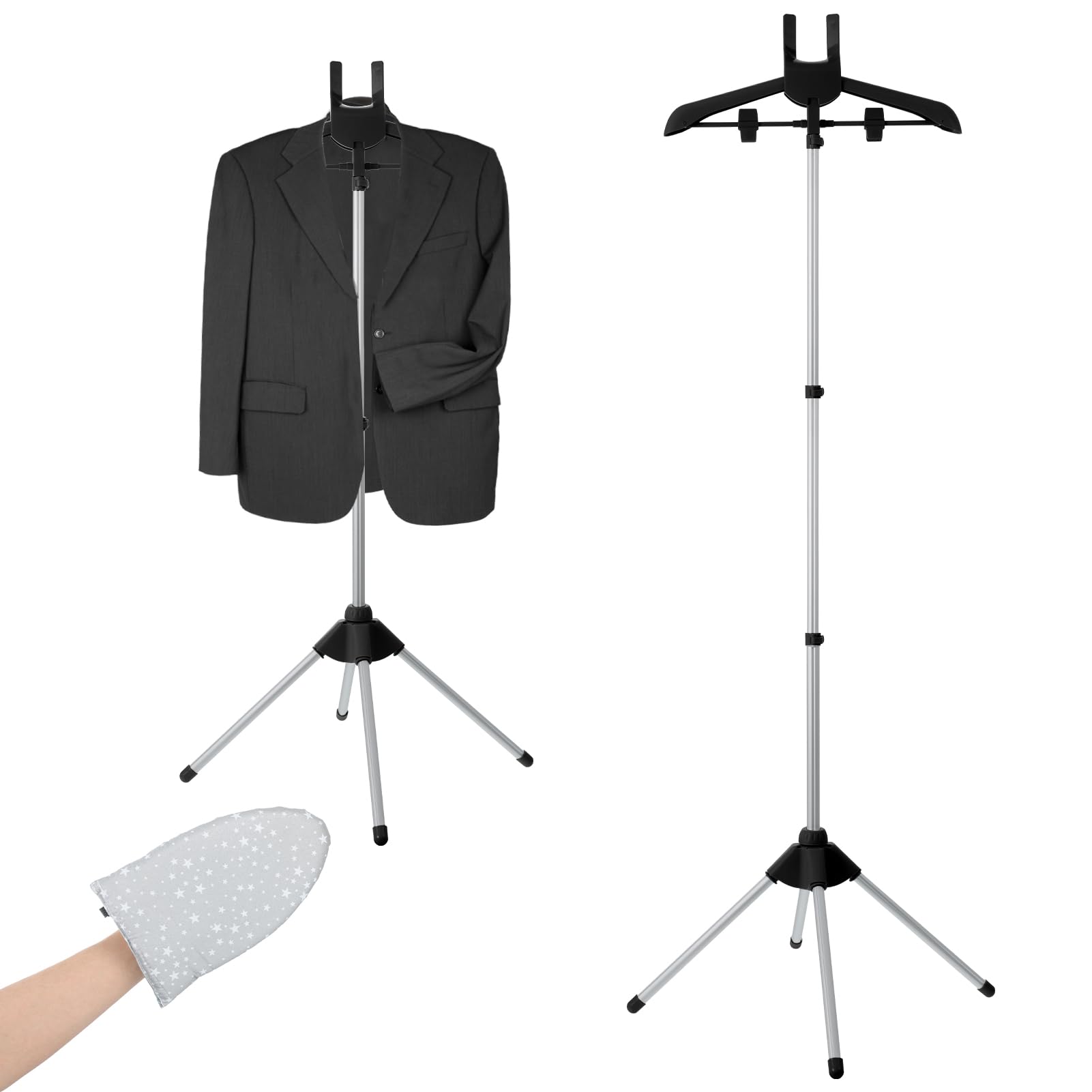 Perchero de vapor para ropa de 32 63 pulgadas, guante para planchar ropa, soporte ajustable para vaporizador de ropa, percha ajustable, soporte de plancha plegable de pie con guante para planchar ropa al vapor