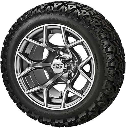 RM Cart 14" Ninja Gun Metal Gray/Machined on 23x10-14 Sierra Sport Tires (Set of 4) | Golf Cart Tires and Wheels Combo with Standard Lug Nuts