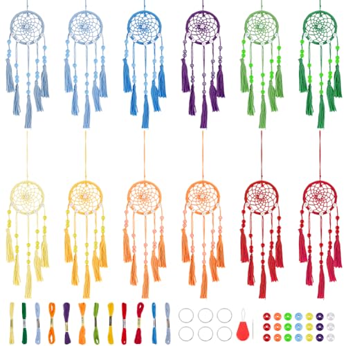 INFUNLY 12 Set Small Boho DIY Mini Dream Catcher Making Kit, Rainbow Color Handmade Dream Catcher Kit for Adults