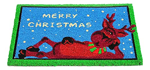 Image of Onlymat Christmas Coir Doormat with Non-Slip PVC Backing for Gateway, Entryway, Outdoor, Indoor, Patio - Durable and Large, Weatherproof Multicolour, Xmas, Reindeer Printed Rug (60cm x 1.5cm x 40 cm)
