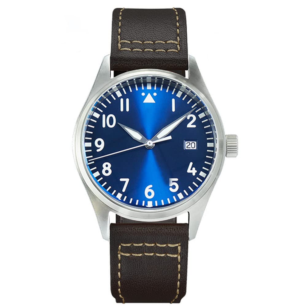 Cronos 39mm Pilot Mechanical Men Watches PT5000 Super Luminous Sapphire Class Brown Leather Strap Stainless Steel Flieger Watch, color 1 no logo,, Color 1 No Logo, strap