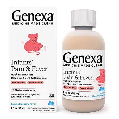 Image of Genexa Infants’ Acetaminophen Oral Suspension | for Babies | Temporarily Relieves Pain and Fever Symptoms | 160 mg per 5 mL | Organic Blueberry Flavor | 2 Fluid Ounces