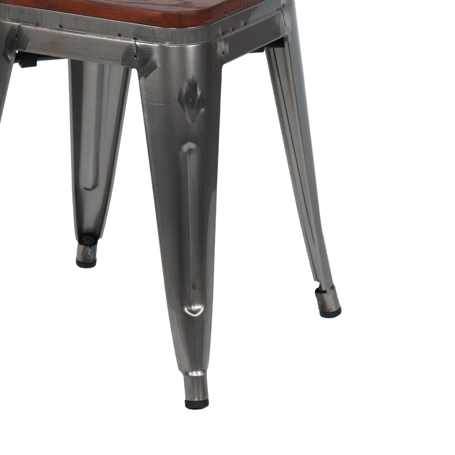 THINIA HOME Pack 4 Taburetes Bajos Industriales Apilables de Acero y Madera 38x38x46cm