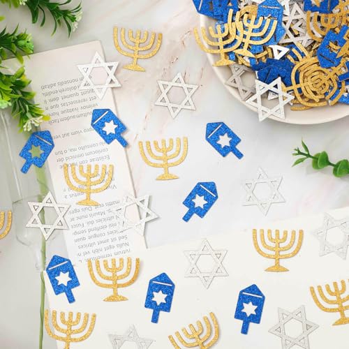 Image of Whaline 300 Pcs Hanukkah Table Confetti Menorah Star Dreidel Shaped Glitter Confetti Blue Gold Silver Table Centerpiece For Chanukah Party Decoration