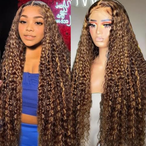 Image of LAINSS 32inch Highlight Curly Lace Front Wigs Human Hair 13x6 Ombre Deep Wave Lace Front Wig Human Hair Pre Plucked P4 /27 210% Density HD Lace Frontal Curly Human Hair Wig for Women