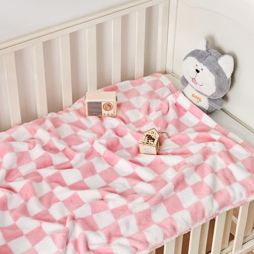 Image of Yurhap Checkered Baby Blanket for Girls Pink Fleece Baby Blankets for Girls Boys, Warmer Comfort Lightweight Bed Blanket for Toddlers Infants or Newborn, 30''x40'', Pink