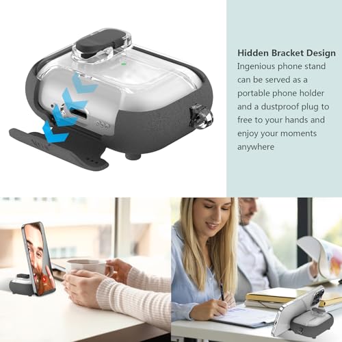 Image of Aircawin for Airpods Pro 3 Case Clear,Secure Lock for Airpods pro 3rd Generation Case Cover with Phone Stand and Magsafe Function,Auto Pop-up,Hybrid Protection with Carabiner&Cleaning Pen-Furry Grey