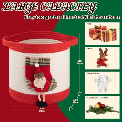 Image of OIAHOMY Ornament Storage Basket with Santa Stocking, Christmas Ornament Storage with Handles, Empty Gift Basket for Towels, Clothes, Books Use in Living Room, Kids, Pet Toy Basket - Red