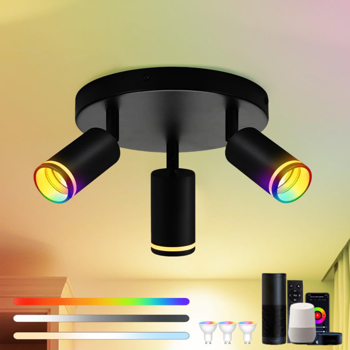 Smart Deckenstrahler 3 Flammig Rund, RGB LED Deckenspot Schwenkbar Kompatibel mit Alexa, Deckenleuchte mit Fernbedienung & APP, GU10 Deckenlampe für Wohnzimmer Schlafzimmer Küche (Mit Glühbirne)