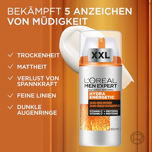 L'Oréal Men Expert XXL Gesichtspflege gegen müde Haut für Männer, Belebende Feuchtigkeitscreme 24H Anti-Müdigkeit, Gesichtscreme für Herren mit Vitamin C und Proteinen, Hydra Energy, Exklusive,1x100ml 3