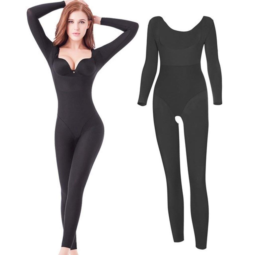 Linjolly Women's 1109 Black Color Tummy Slimming Shapewear Full Length Long Sleeve Body Shaper Open Crotch Bodysuit Underbust Shapers Seamless Bodysuits (Color : Size : L)