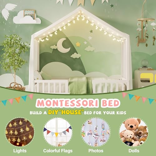 Image of Twin Size Wood House-Shape Platform Bed with Roof Frame and Canopy, Montessori Floor Bed with High Railings and Slat Support for Kids Girls Boys, No Box Spring Needed (White-05, Twin)