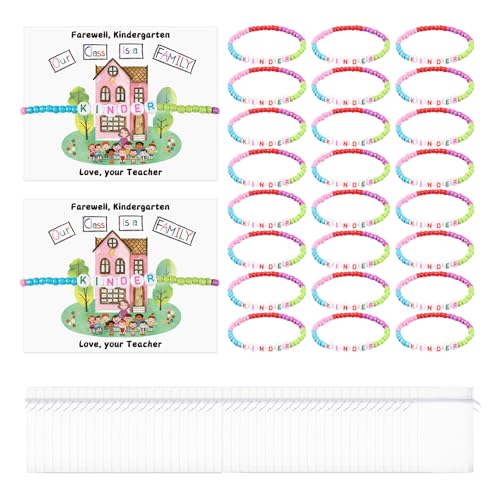 Cunno 24 Sets Kindergarten End of Year Student Friendship Bracelets Gifts from Teacher Bulk End of Year Class Graduation Friendship Bracelets Gifts and Our Class Is a Family Greeting Card for School