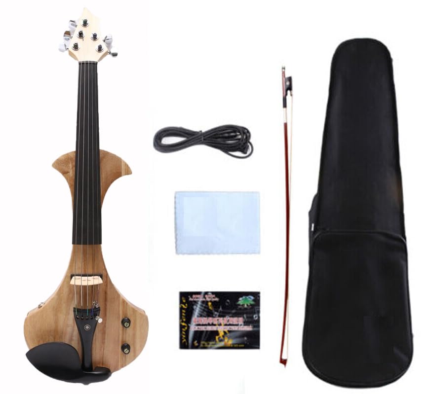 Vetimobato Electric Violin 4/4 Full Size Solid Wood Ebony Fittings Violin with Violin Case & Violin Bow (5 String Wood Color Big Jack Shaped Head)