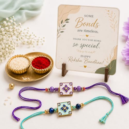Image of JAIPUR ACE Raksha Bandhan Rakhi Gift Combo with Designer Rakhi, Puja Thali, 2 Katori Bowls, Roli Kumkum & Greeting Card for Brother, Bhai, Bhaiya | Complete Celebration Set