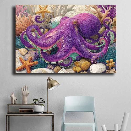 Toile murale pieuvre violette CUDAOO 60x90cm encadrée pour salon - 4